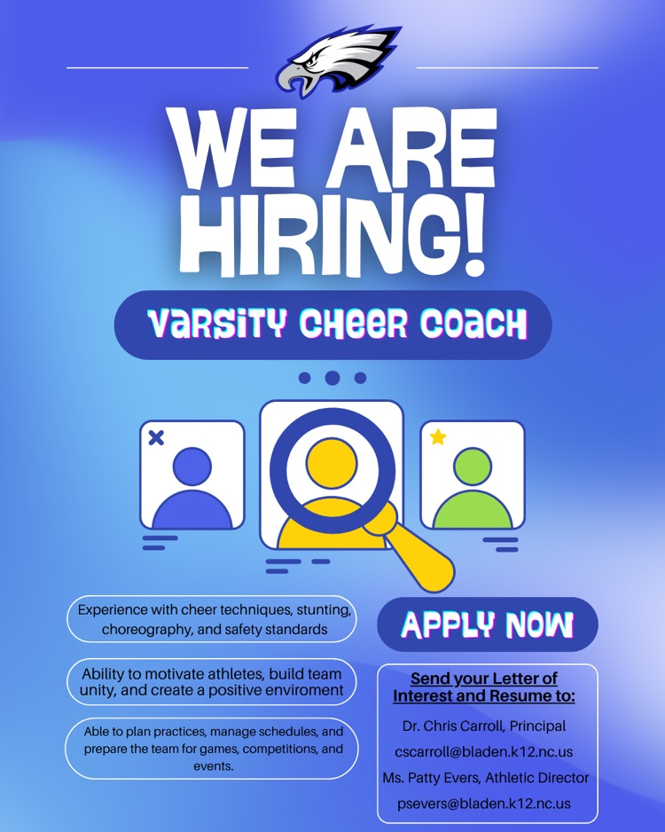 Flyer announcing a varsity cheer coach job opening with an eagle logo and blue background. It lists required experience and instructs applicants to email a letter of interest and resume to the principal and athletic director.