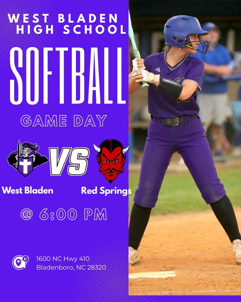 West Bladen High School vs. Red Springs. The game is scheduled for 6:00 PM at 1600 NC Hwy 410, Bladenboro, NC 28320. The left side of the image features team logos on a purple background, while the right side shows a softball player in purple pants standing on the field.