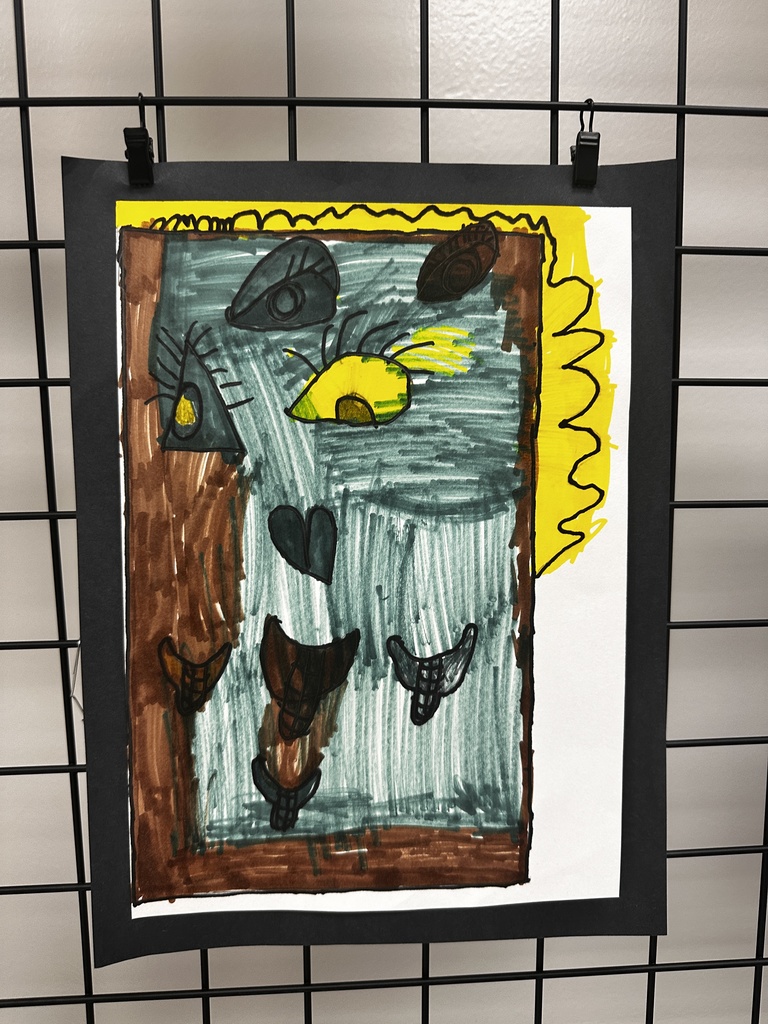 Child's painting of a waterfall scene with insects and wildlife in teal, brown, and yellow