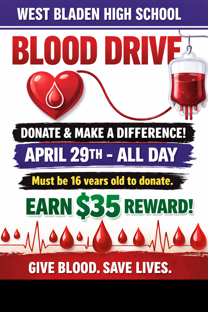Promotional graphic for a blood drive stating "Must be 16 years old to donate" and "Earn $35 Reward!" The center features the text "GIVE BLOOD. SAVE LIVES." set against a background of red blood droplets and a heartbeat pulse line