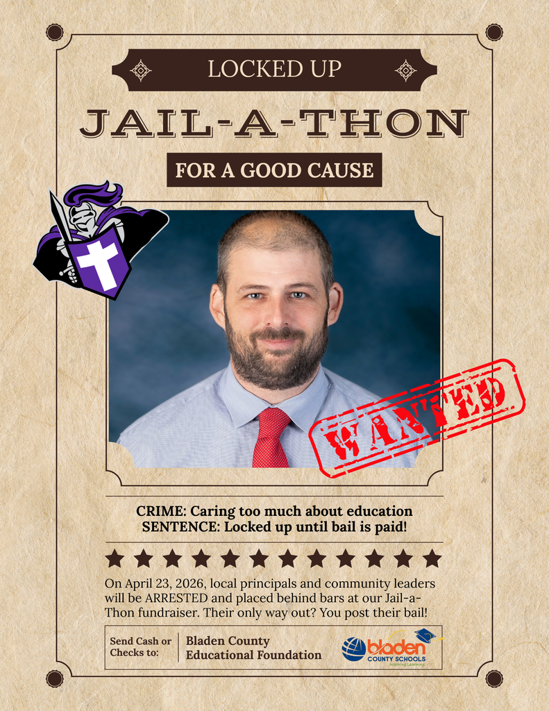 Jail-a-Thon fundraiser graphic for Bladen County Educational Foundation on April 23, 2026. Features a "Wanted" poster of Mr Orrock with the text: "Crime: Caring too much about education."