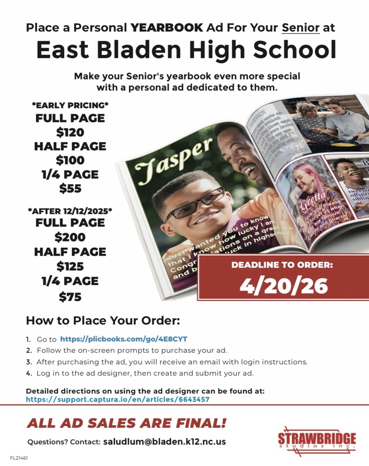 Senior Ads: https://plicbooks.com/go/4E8CYT  Senior ad deadline: April 20th! Online purchases allow you to design your own personalized senior page.
