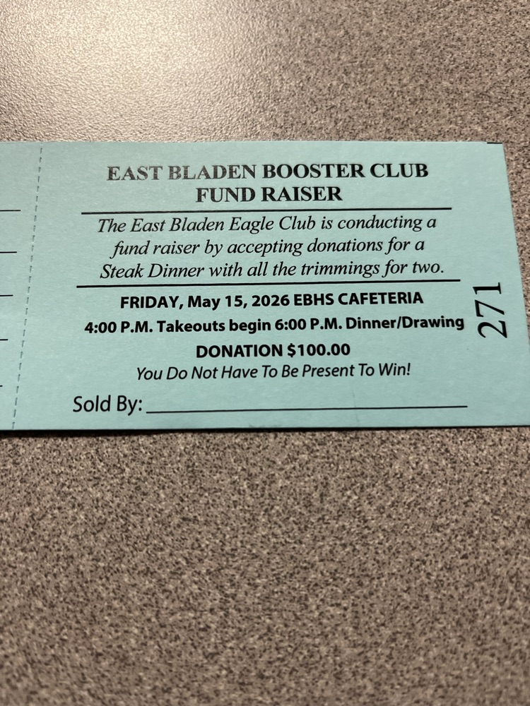 Blue raffle ticket advertisement East Bladen booster club fundraiser