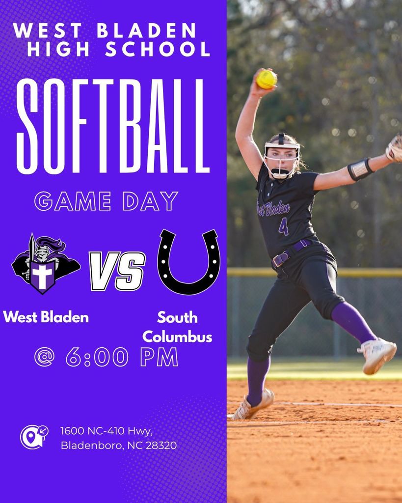 Promotional "Game Day" graphic for a softball game featuring West Bladen High School versus South Columbus High School. The image shows a West Bladen player in a black uniform pitching on a dirt field. Details include the game time at 6:00 PM and the location at 1600 NC-410 Hwy, Bladenboro, NC 28320.