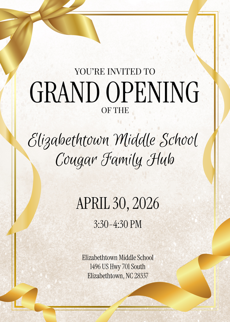 Elegant inviation with gold ribbon inviting people to the Elizabethtown Middle School grand opening of the Cougar Family Hub.