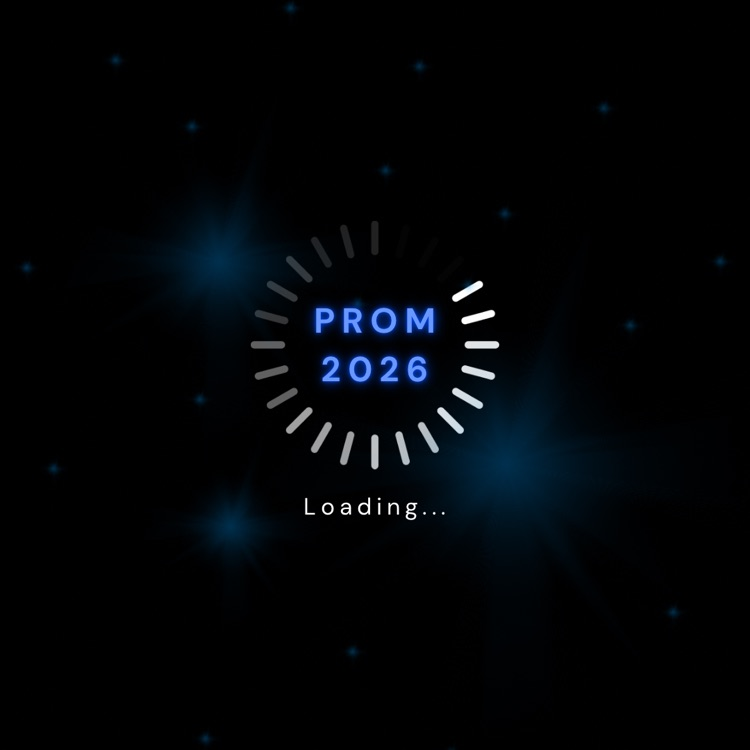 Black background with blue stars loading sign prom 2026