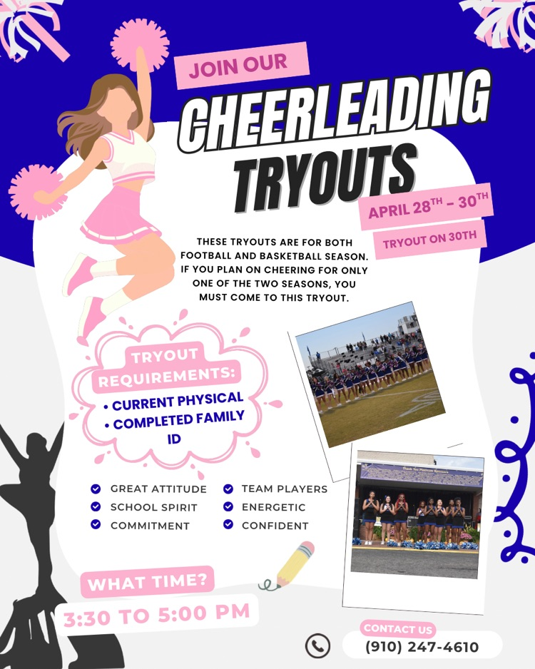 Flyer promoting cheerleading tryouts with a pink, white, and purple design and cheerleader graphics. Tryouts are April 28–30 from 3:30 to 5:00 PM for both football and basketball seasons. 