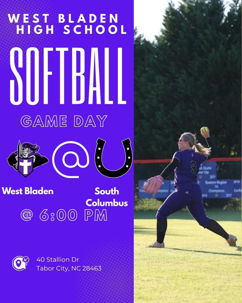 Softball game day graphic: West Bladen High School vs. South Columbus High School. The game is scheduled for 6:00 PM at 40 Stallion Dr, Tabor City, NC 28463. The image features a softball pitcher in mid-motion on a field, set against a purple and white background with the school logos.