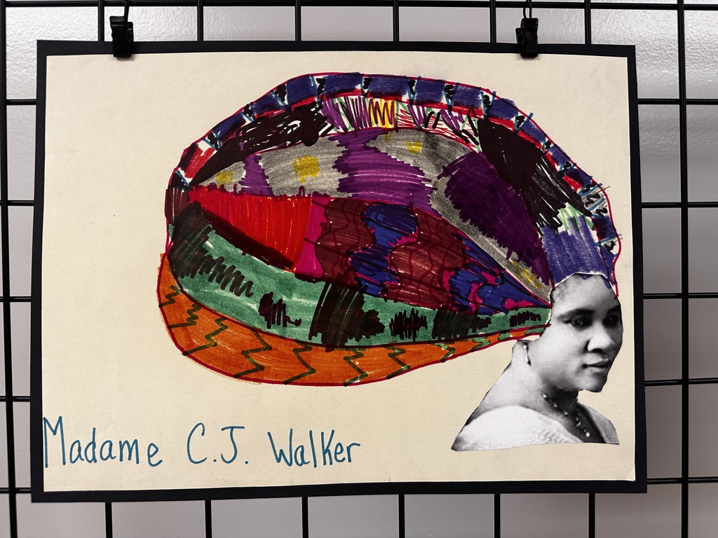Mixed-media artwork combining a black-and-white photograph of a woman's head and upper chest with an elaborate hand-drawn headwrap or turban in vibrant colors including purple, red, green, orange, blue, and yellow with scribbled and shaded patterns.