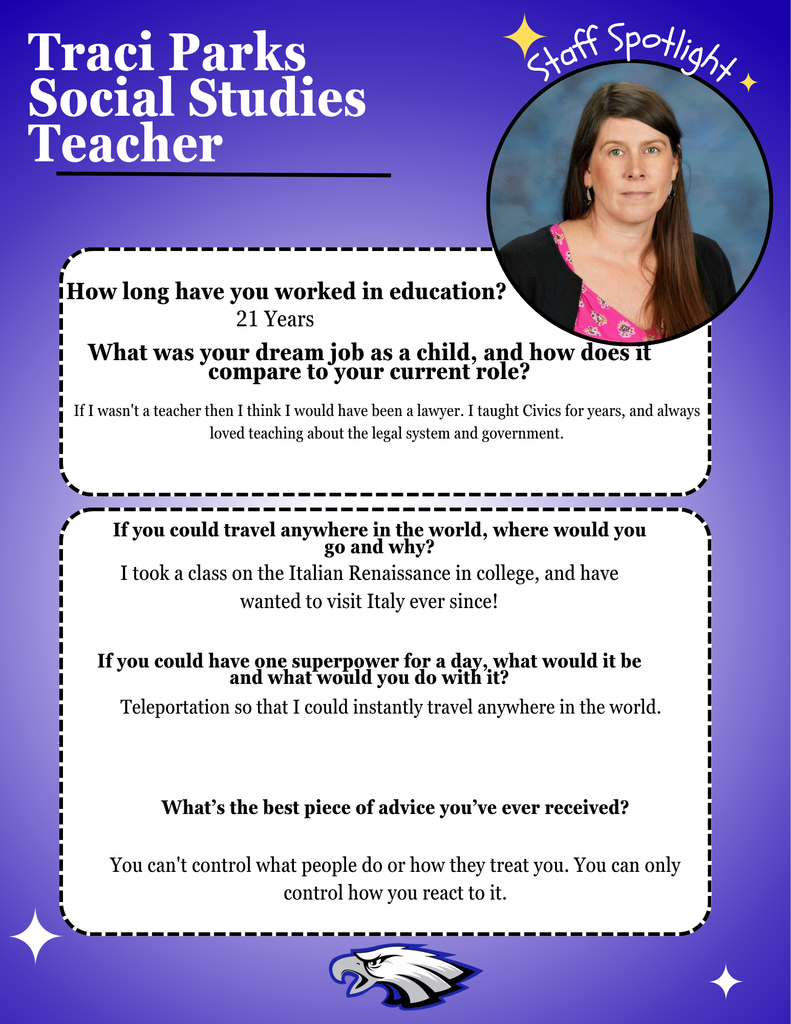 Blue background flyer with an eagle at the bottom, it reads about Traci Parks' education experience, his dream job, where she would like to travel to, what superpower she would like to have, and her favorite quote.