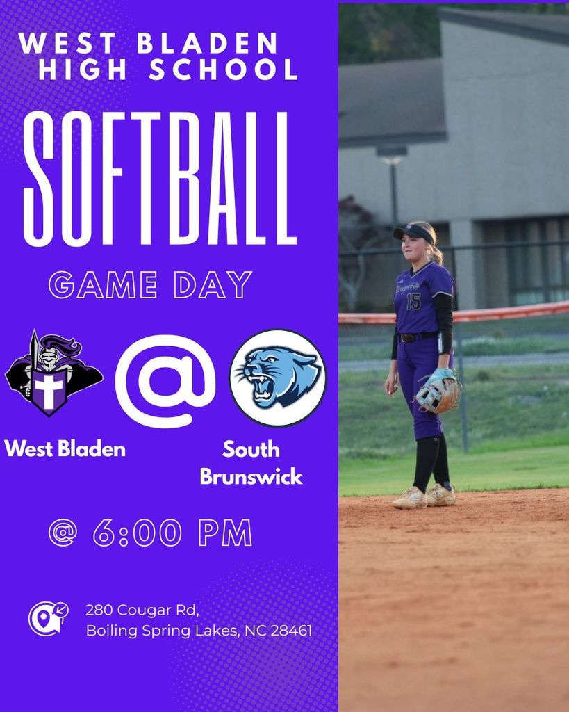 Graphic for West Bladen High School Softball Game Day. The image features a purple and white design with a player in action, the school's Knight and Panther logos, and the text "Softball Game Day."