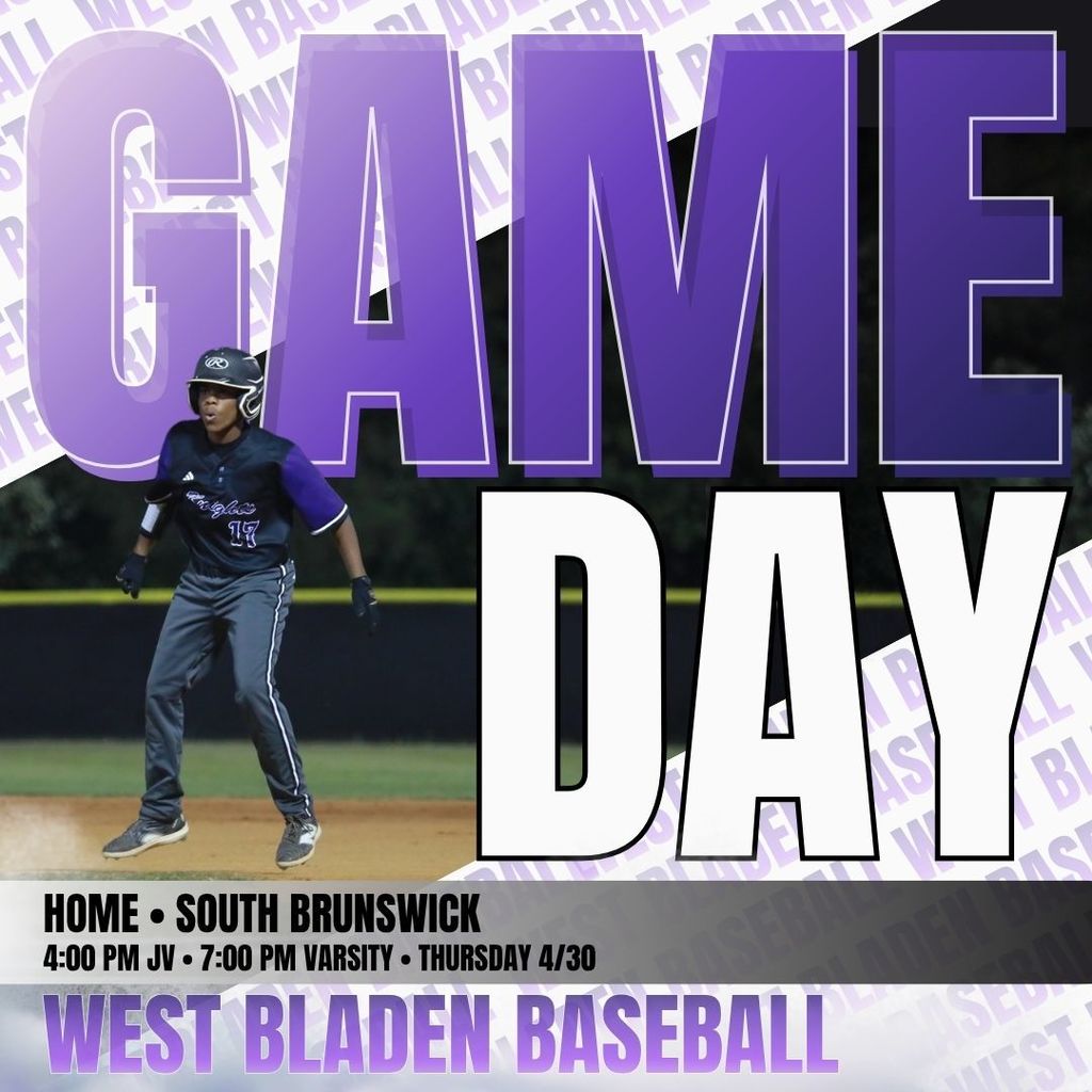 A baseball player in a purple jersey swings a bat in front of a purple and white "GAME DAY" graphic. West Bladen Baseball logo and game details appear in small text at the bottom.