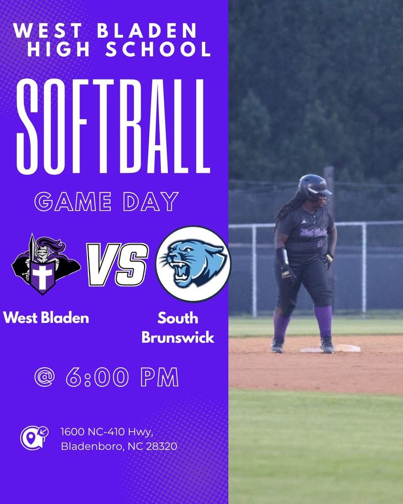 Graphic for West Bladen vs. South Brunswick sports matchup at 6:00 PM. Location: 1600 NC-410 Hwy, Bladenboro, NC. Features team logos and a photo of a player on the field.