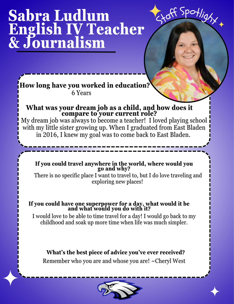 Blue background flyer with an eagle at the bottom, it reads about Sabra Ludlum's education experience, her dream job, where she would like to travel to, what superpower she would like to have, and her favorite quote.