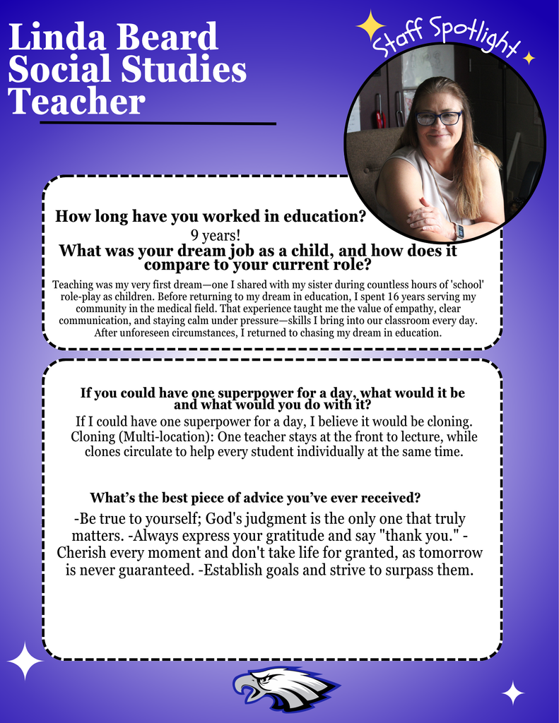 Blue background flyer with an eagle at the bottom, it reads about Linda Beard's education experience, her dream job, where she would like to travel to, what superpower she would like to have, and her favorite quote.