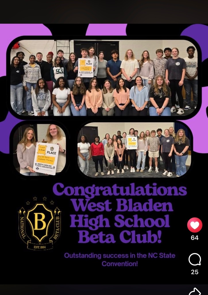 Graphic titled 'Congratulations West Bladen High School Beta Club!' featuring a collage of student photos and the school logo on a dark background.