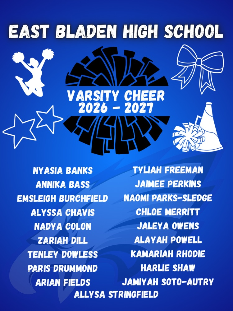Blue flyer for EB High School JV Cheer, 26–27. white text, cheer icons (bow, pom-poms, megaphone, stars), and a large pom graphic. Lists team members’ names in two columns over an eagle background. Clean, high-contrast design for readability.