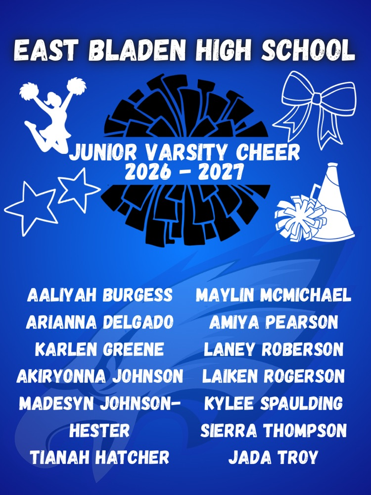Blue flyer for EB High School JV Cheer, 26–27. white text, cheer icons (bow, pom-poms, megaphone, stars), and a large pom graphic. Lists team members’ names in two columns over an eagle background. Clean, high-contrast design for readability.