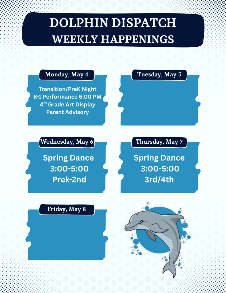Design includes blue text boxes on a light background with a dolphin graphic at the bottom.
