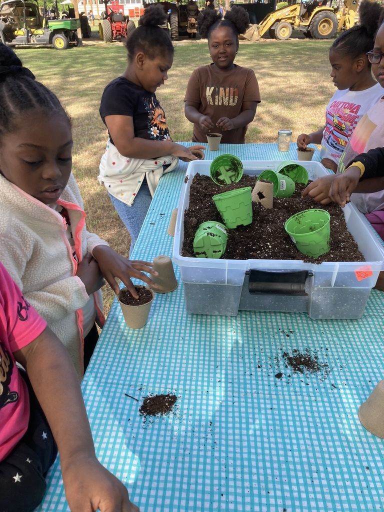 Students on a 2nd grade field trip to Cukabury Farm explore hands-on activities, including planting seeds in soil cups, observing a pig in a pen, and interacting with farm animals like goats and a pony. They ride on a wagon through open fields and enjoy time on a playground train structure, learning about plants and farm life in an outdoor setting.