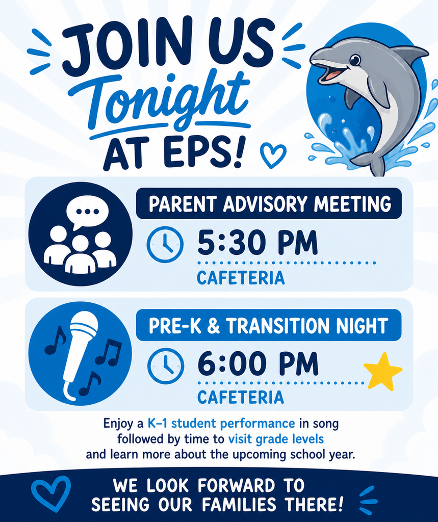 Details include a Parent Advisory Meeting at 5:30 PM in the cafeteria and Pre-K & Transition Night at 6:00 PM in the cafeteria. The event features a K–1 student performance followed by time to visit grade levels and learn about the upcoming school year.