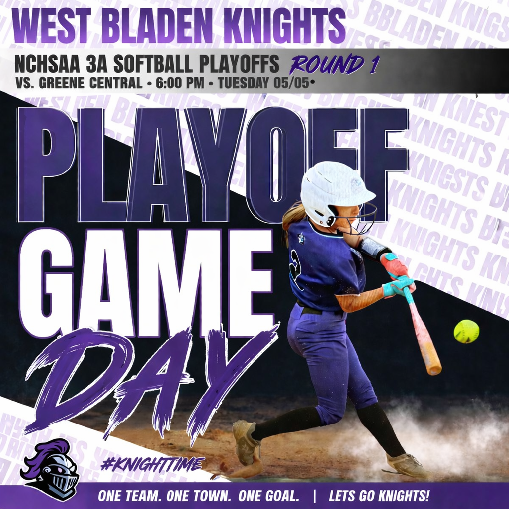 Graphic for West Bladen Knights softball home game. Text reads: "West Bladen Knights, NCHSAA 3A Softball Playoffs Round 1 vs. Greene Central, 6:00 PM, Tuesday 05/05." The background features a softball player in a blue and white uniform swinging a bat at a yellow softball, with "Playoff Game Day" in large, bold navy and white lettering