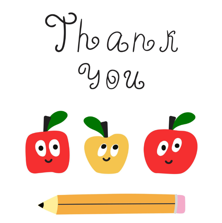 A cheerful Teacher Appreciation image with the words “Thank You” in a playful script at the top. Below are three smiling cartoon apples—two red and one yellow—with expressive eyes and green leaves. At the bottom is a simple illustration of a yellow pencil with a pink eraser. The background is light and clean, giving a bright, friendly classroom feel.