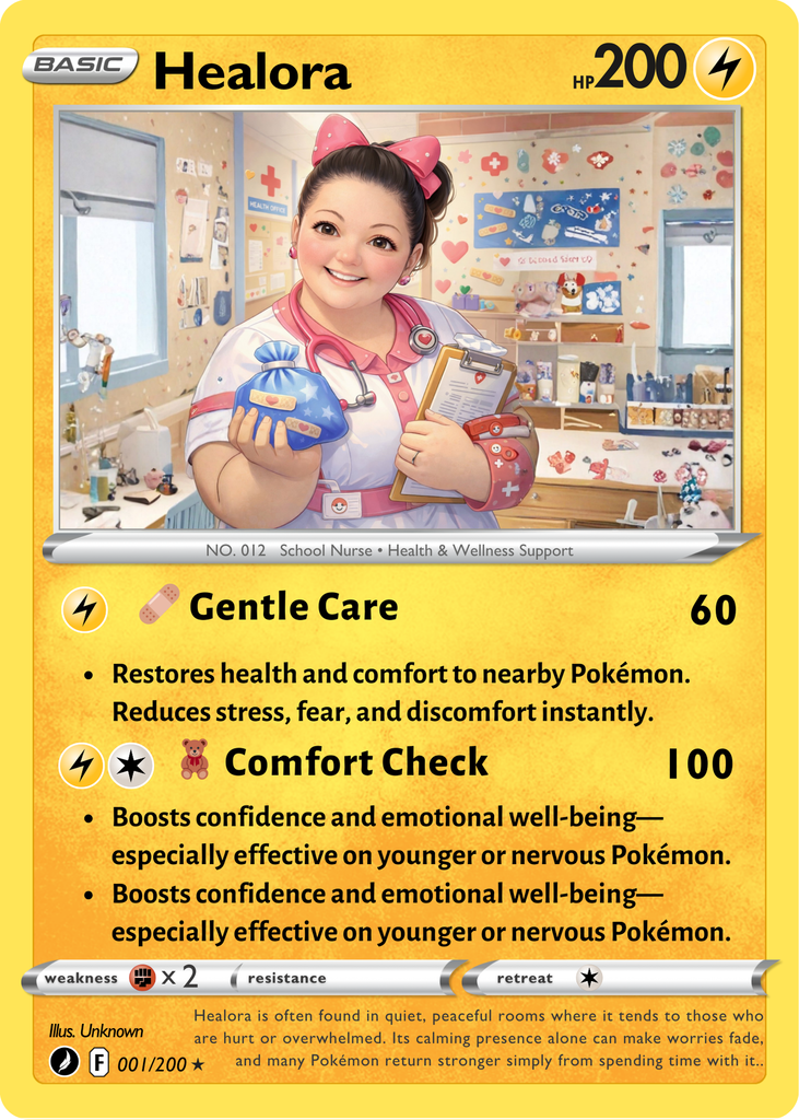 A Pokémon-style trading card featuring a cheerful school nurse character named “Healora” with 200 HP. The nurse is smiling and holding an ice pack and a clipboard, standing in a colorful, child-friendly health office filled with decorations, bandages, and supplies. The card highlights caring abilities like “Gentle Care” and “Comfort Check,” focused on healing and emotional support. The overall design is bright, playful, and themed around health, kindness, and helping others feel better.