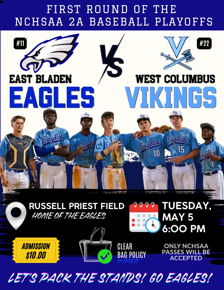 Black and blue flyer announced in baseball game at Russell Priest field Tuesday, May 5 6 PM clear bags $10