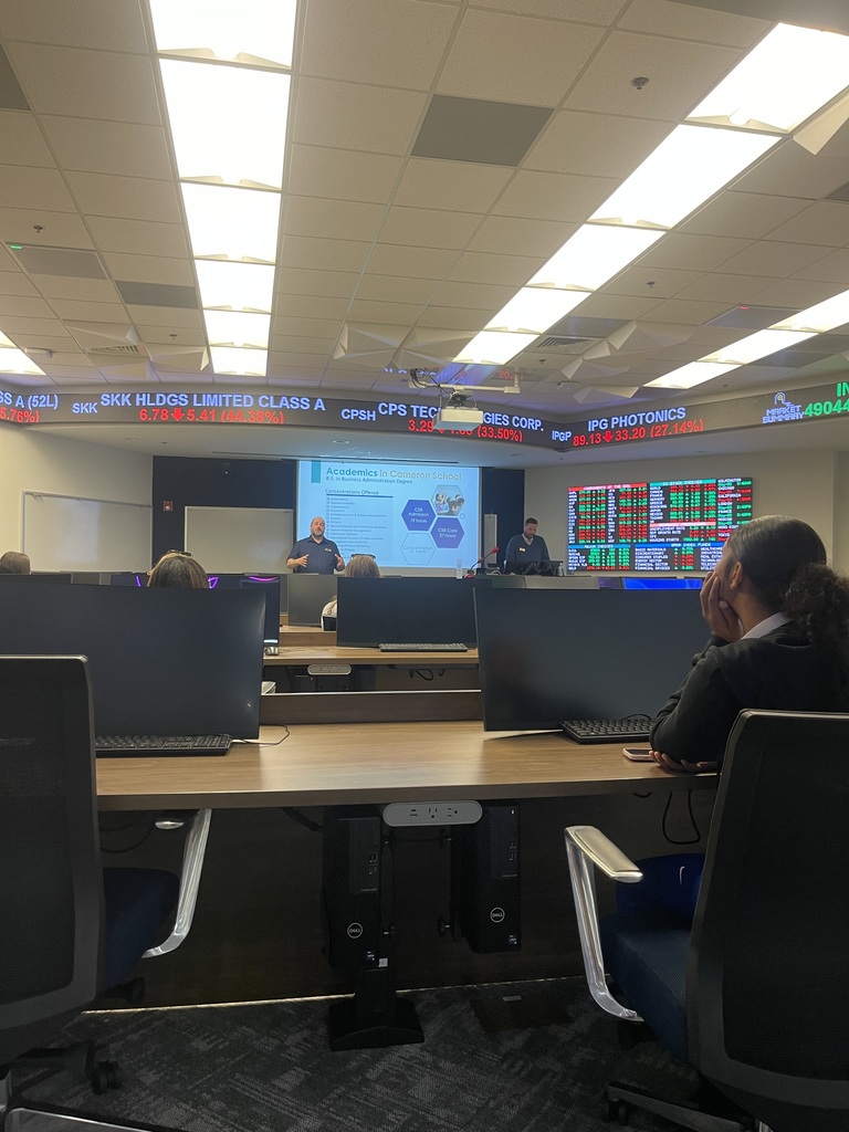 Students in front of a room looking at a screen in a presentation.
