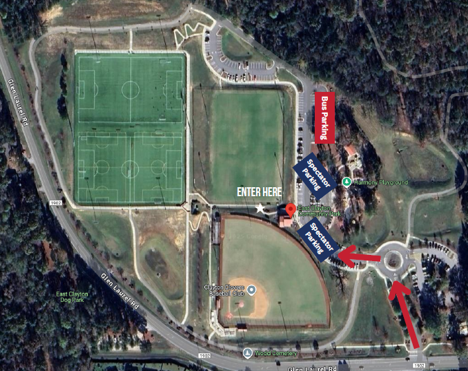 Map of East Clayton Community Park showing designated spectator parking areas, bus parking, and entrance routes. Arrows indicate traffic flow and entry points for visitors attending a baseball event.