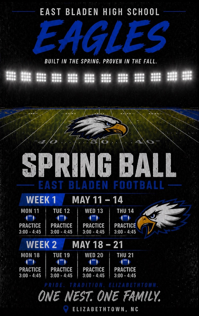 East Bladen High School Eagles football spring ball flyer with stadium lights and eagle logos. Practices are May 11–14 and May 18–21 from 3:00–4:45 p.m. The flyer includes “Built in the Spring. Proven in the Fall.” and “One Nest. One Family.”
