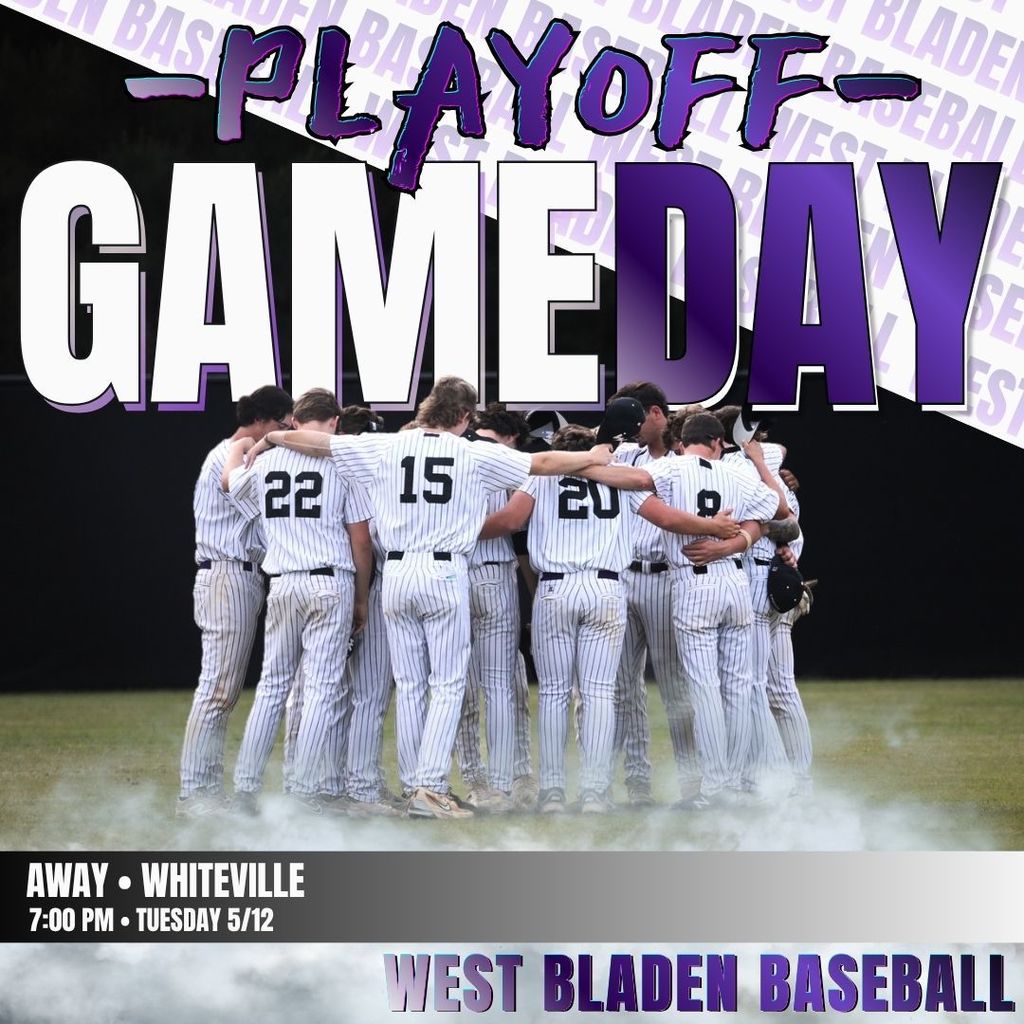 West Bladen Varsity Baseball Playoff Gameday graphic. The image shows a group of baseball players in pinstripe uniforms huddling together on the field with their arms around each other. The text "PLAYOFF GAMEDAY" is displayed in large, bold purple and white letters.