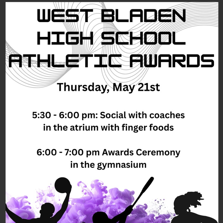 Graphic for an Awards Ceremony held from 6:00 to 7:00 pm in the gymnasium. The image features purple smoke clouds behind black silhouettes of three student-athletes: one jumping with a basketball, one swinging a softball bat, and one dribbling a basketball.