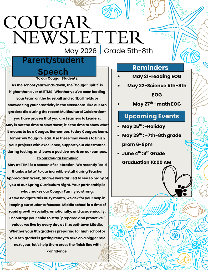May 2026 Cougar Newsletter for Elizabethtown Middle School, grades 5th–8th. The newsletter features a beach and seashell theme with blue accents and includes a parent/student message encouraging Cougar pride, academic focus, and leadership as the school year ends. Reminder dates include Reading EOG on May 21, Science EOG on May 22, and Math EOG on May 27. Upcoming events listed are a holiday on May 25, 7th–8th grade prom on May 29 from 6–9 PM, and 8th Grade Graduation on June 4 at 10:00 AM.