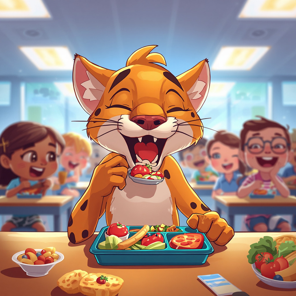 A cheerful cartoon cougar sits in a school cafeteria eating a healthy lunch from a tray filled with fruits, vegetables, and other food items. Smiling students are seated in the background enjoying their meals in a bright and colorful cafeteria setting.