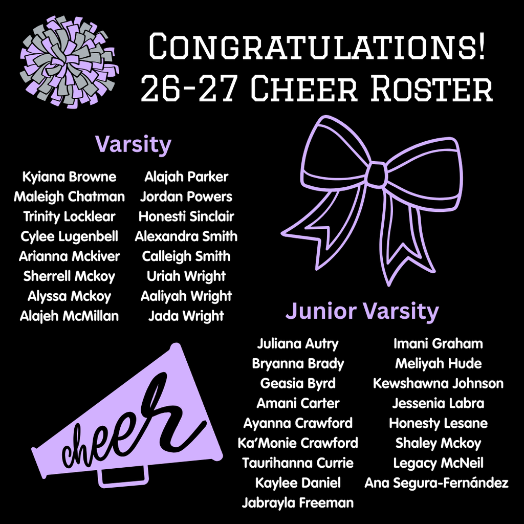 Graphic titled "CONGRATULATIONS! 26-27 CHEER ROSTER" for West Bladen High School. Lists names under Varsity and Junior Varsity squads. Black background with purple and white cheerleader illustrations.