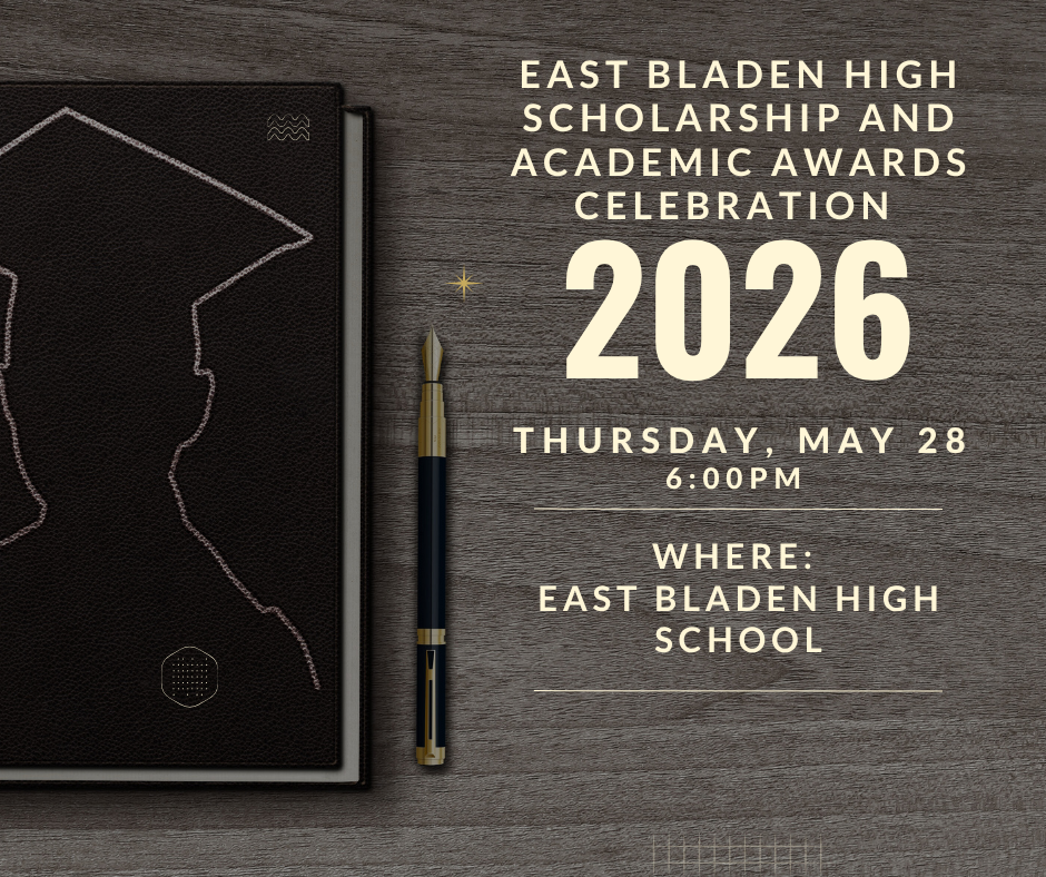 grey background, siloutte of a student with a graduation cap and it reads that East Bladen's scholarship and academic awards celebration is Thursday, May 28th at 6:00pm