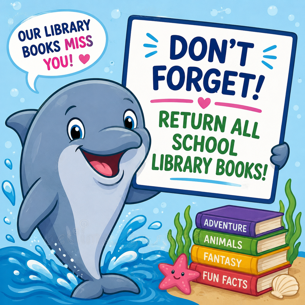 A cheerful cartoon dolphin holds a sign reminding students to return all school library books. The image features colorful books, ocean waves, sea plants, and a bright, friendly underwater theme.