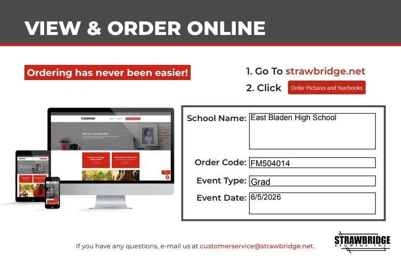 White, grey, and red flyer that provides the order code for the graduation event that was photographed. there is a picture of a computer screen, tablet, and phone that shows what the order screen looks like. 
