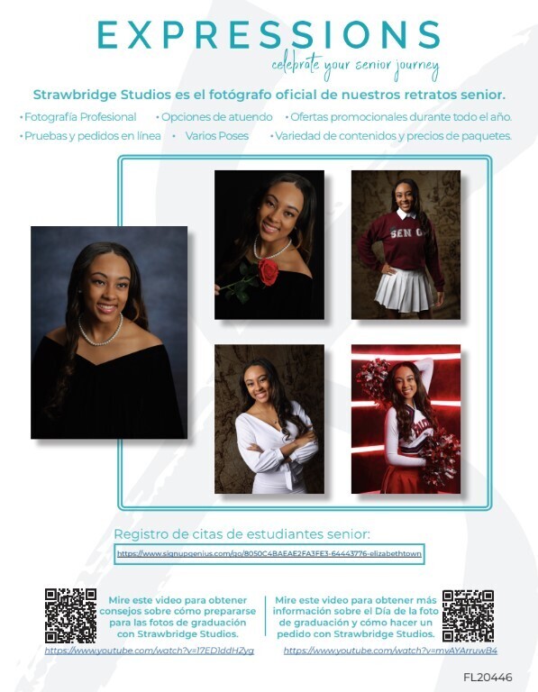 blue and white flyer announcing when the class of 2027 portraits are. there is a picture of a female senior in her drape and pearls for her senior portrait.