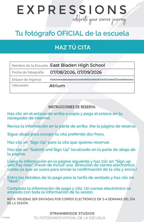 blue and white flyer announcing when the class of 2027 portraits are. there is a picture of a female senior in her drape and pearls for her senior portrait.