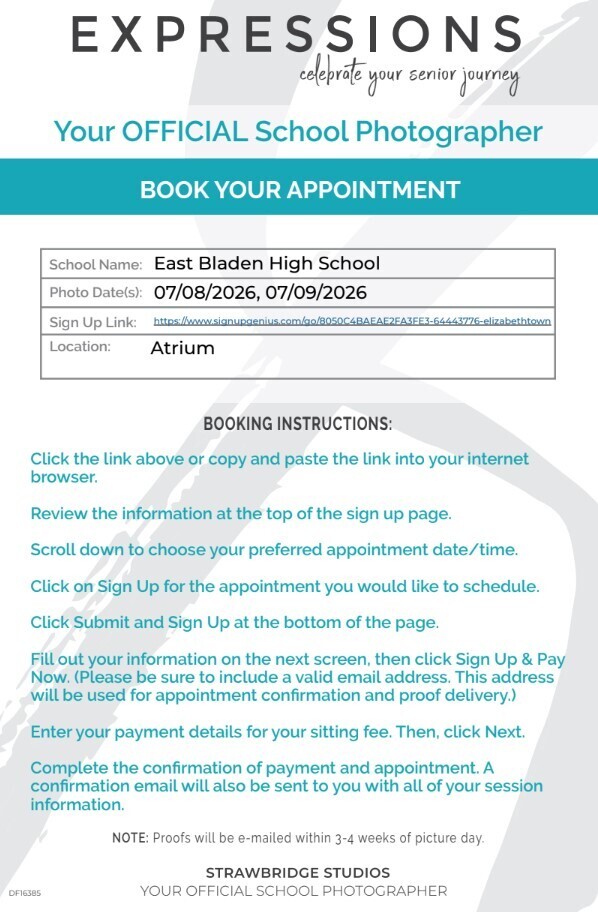 blue and white flyer announcing when the class of 2027 portraits are. there is a picture of a female senior in her drape and pearls for her senior portrait.
