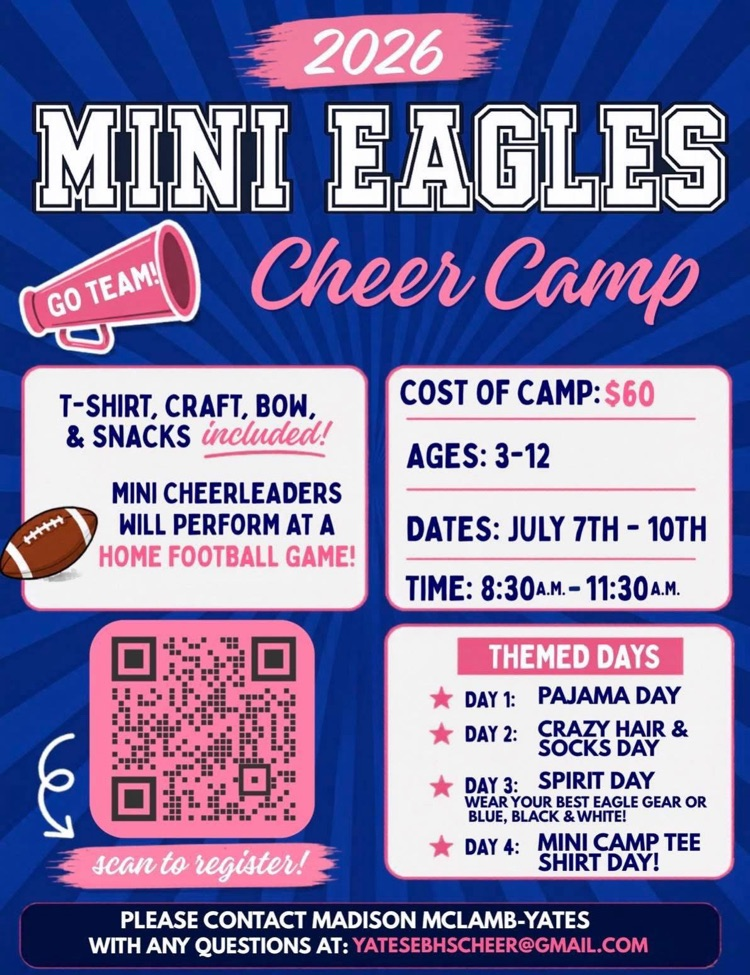 A flyer that has a blue background with pink and white accents throughout the post. It is advertising the East Bladen mini eagle cheer camp includes a link to register and the themes for all of the days