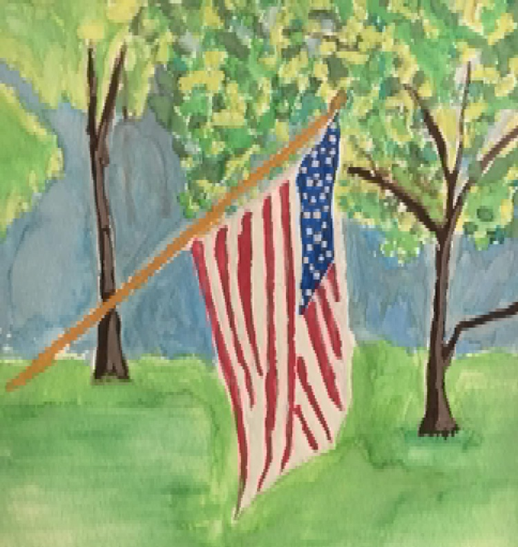A watercolor painting of an American flag hanging in front of a green lawn with trees and a blue body of water in the background.