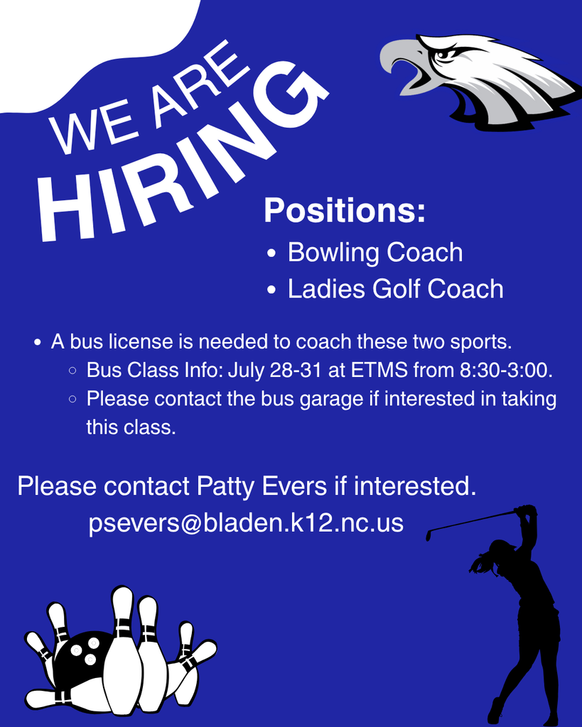 blue background, we are hiring at the top with an East Bladen Eagle, info on the positions available, bowling coach and ladies golf coach, bowling ball hitting bowling pins at the bottom and a woman figure swinging a golf club.