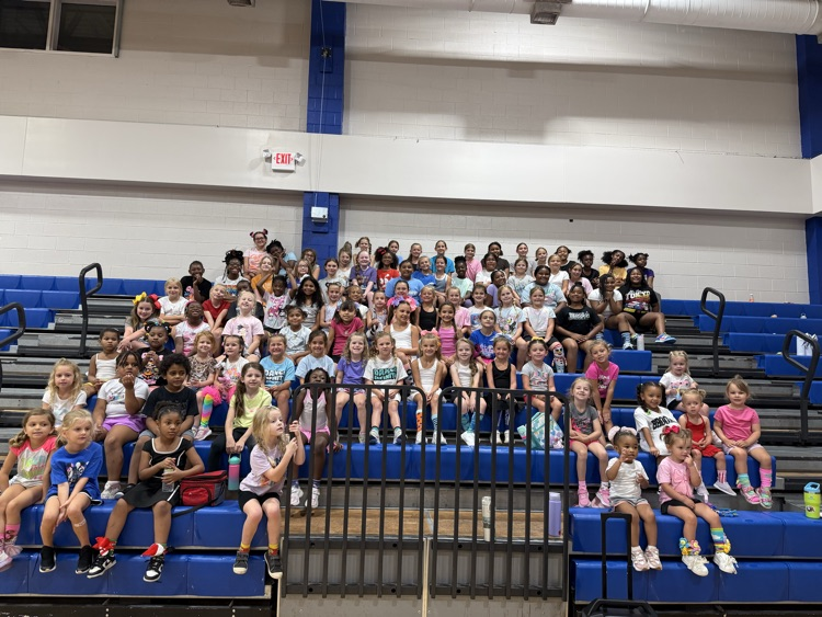 large group of young girls with their crazy hair for crazy hair day at cheer camp they are all sitting on blue bleachers in the gym