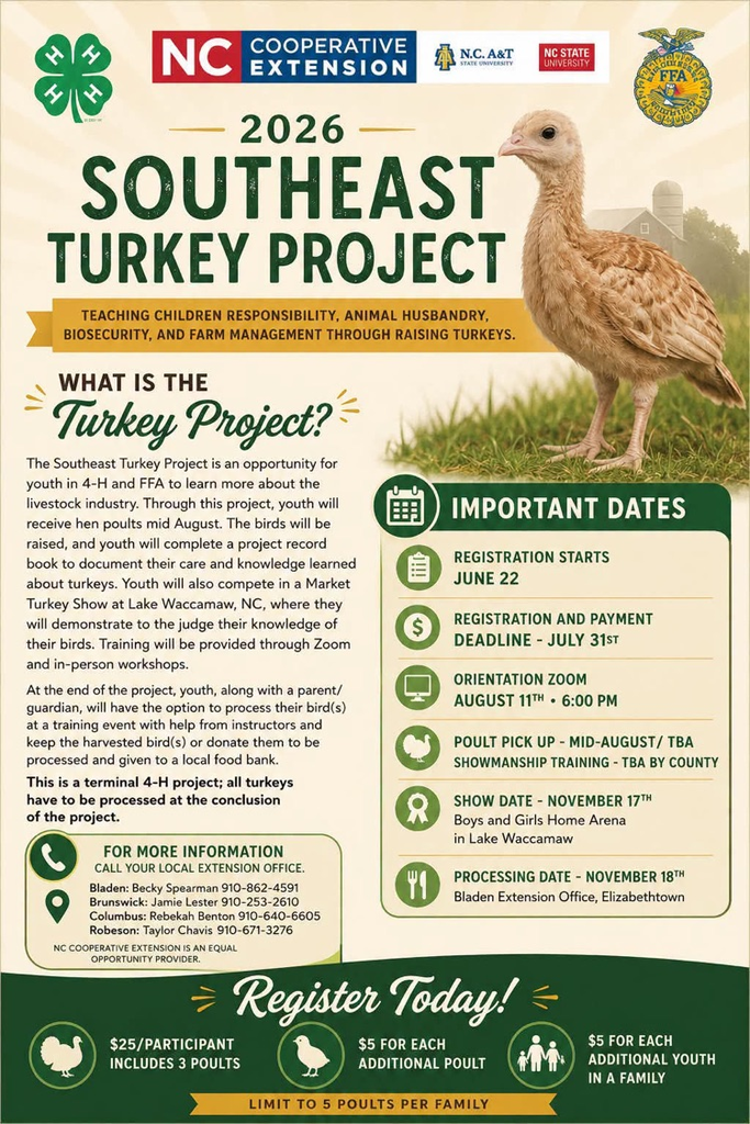 tan and dark green flyer advertising a turkey project with a picture of a baby turkey at the top and important date information such as registration dates 
