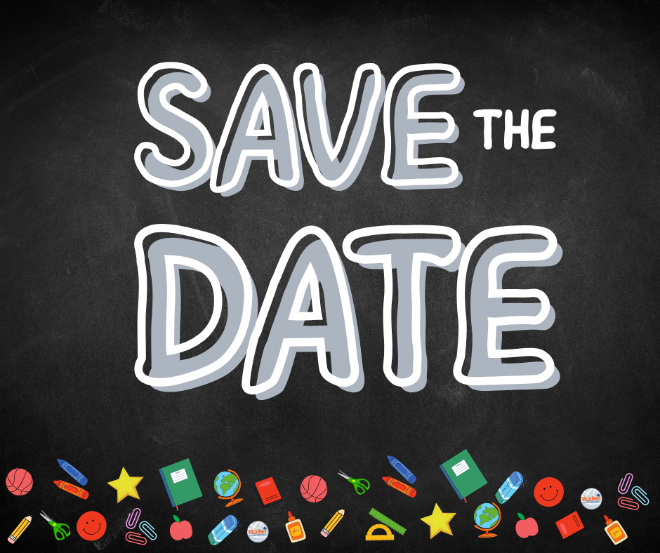 Graphic with a chalkboard background that reads, Save the date. Across the bottom are graphic images of common school supply items.