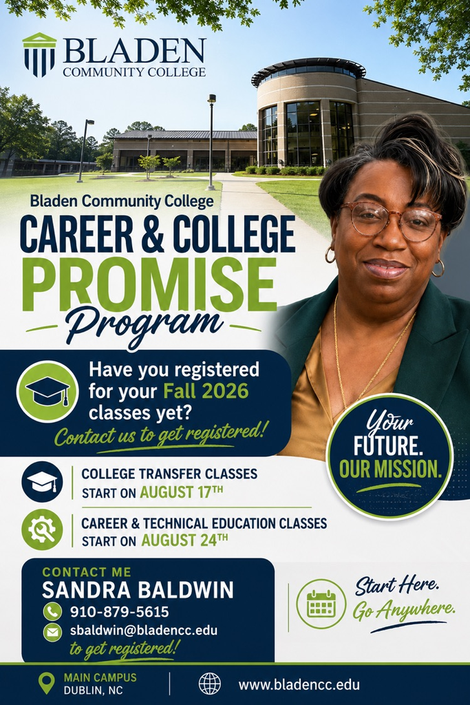 BCC flyer in cream, navy, and green advertising when classes start and how to register for them with a picture of our advisor Mrs. Baldwin